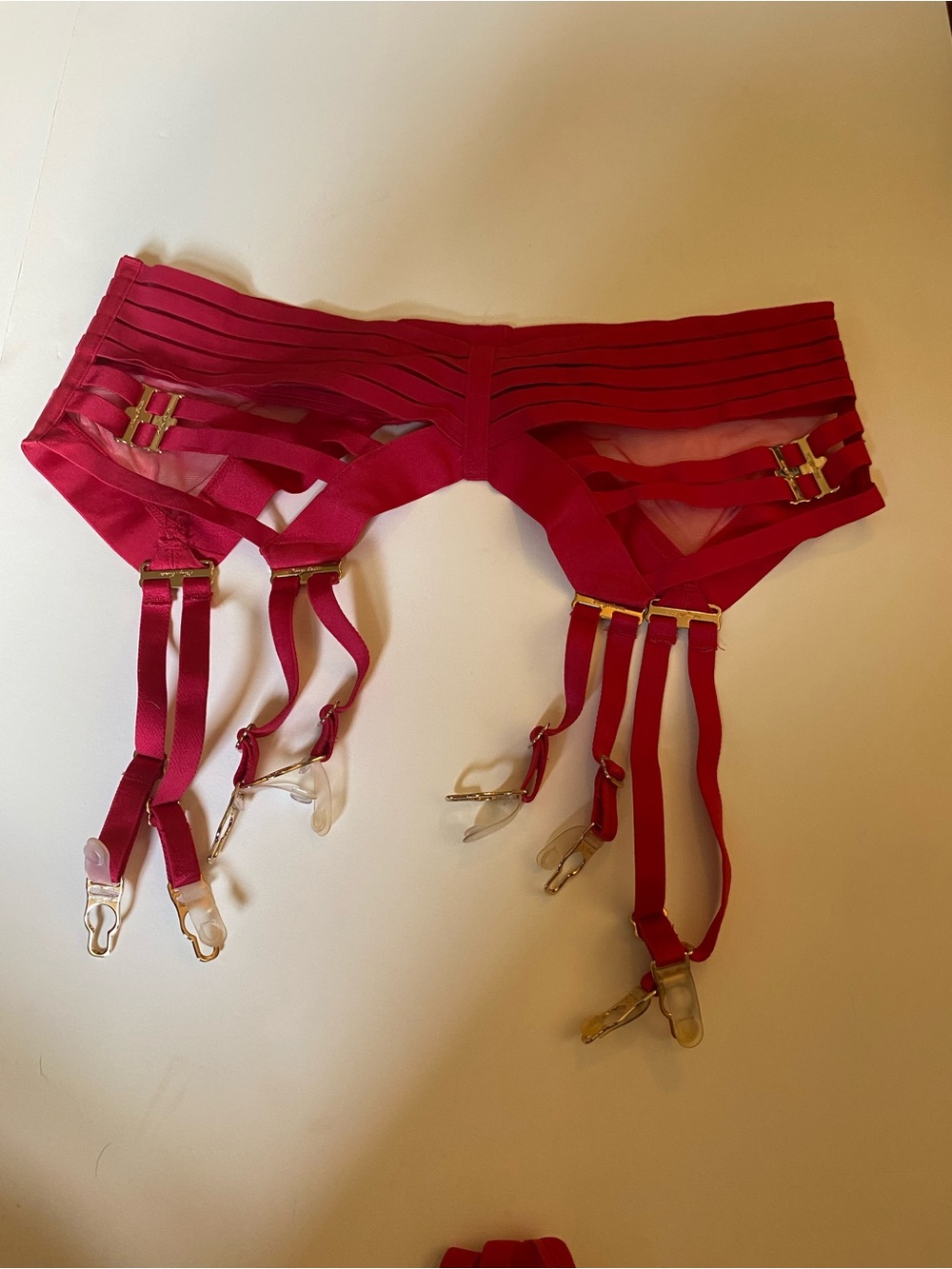 LINDA C Red 4-Piece Lingerie Set: Bra + Brief + Suspender/Garter Belt / 34D-L-L - Picture 9 of 14